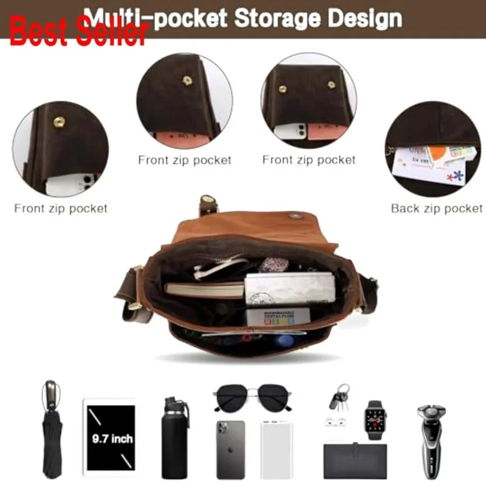 Genuine Leather Messenger Bag Crossbody Sling Bag Adjustable Strap